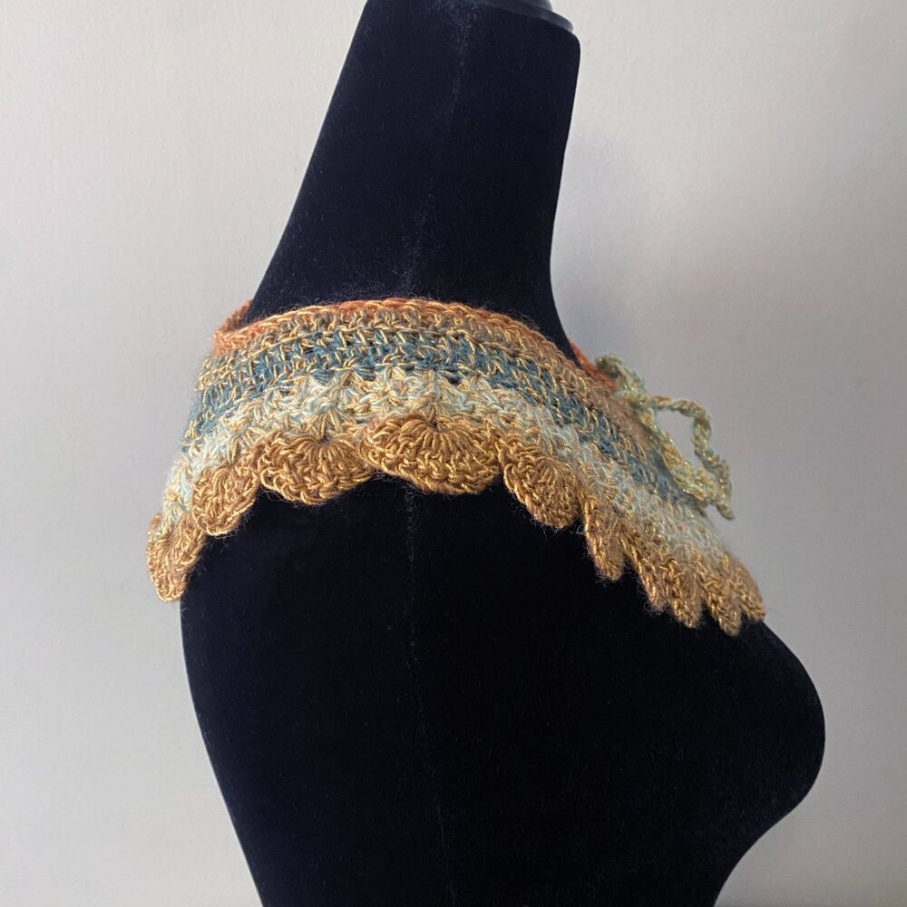 Handmade Crochet Blue Orange Gold Wool Blend Collar Neckwear Accessory - Picture 3 of 6